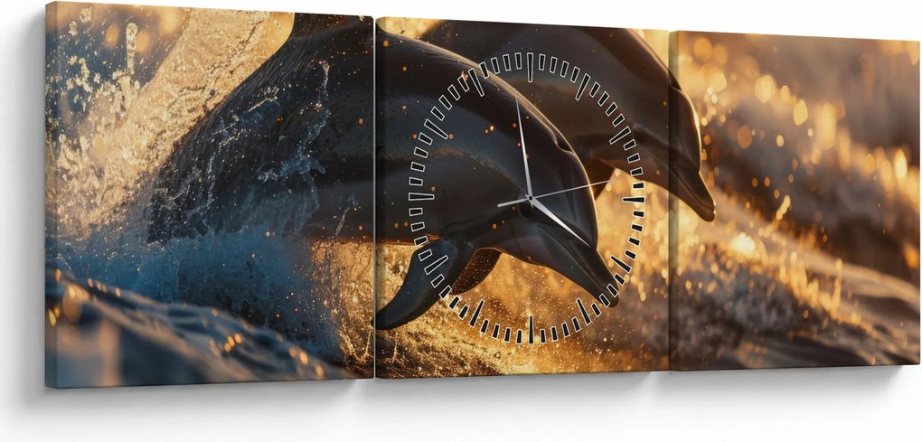 Obraz - Delfiny (z zegarem) (90x30 cm)