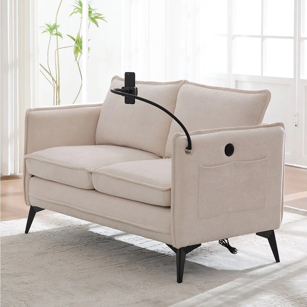 Beżowa sofa 2-osobowa - z bocznymi kieszeniami i uchwytem na telefon - szenil - do salonu i sypialni