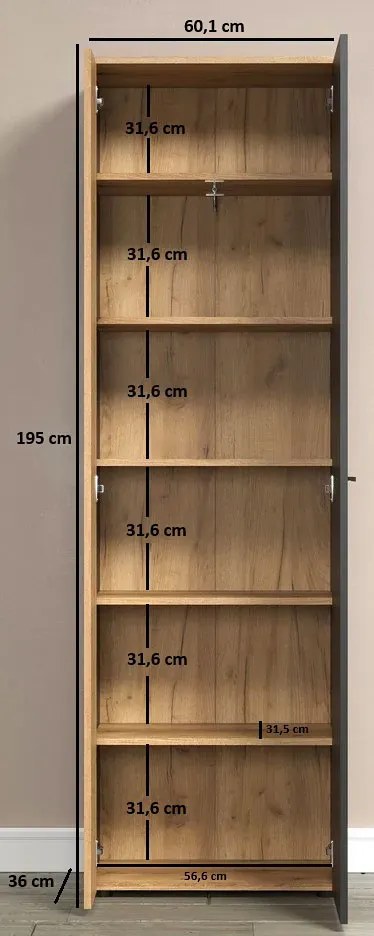 Wąska szafa dwudrzwiowa z półkami grafit + dąb evok T9-N58