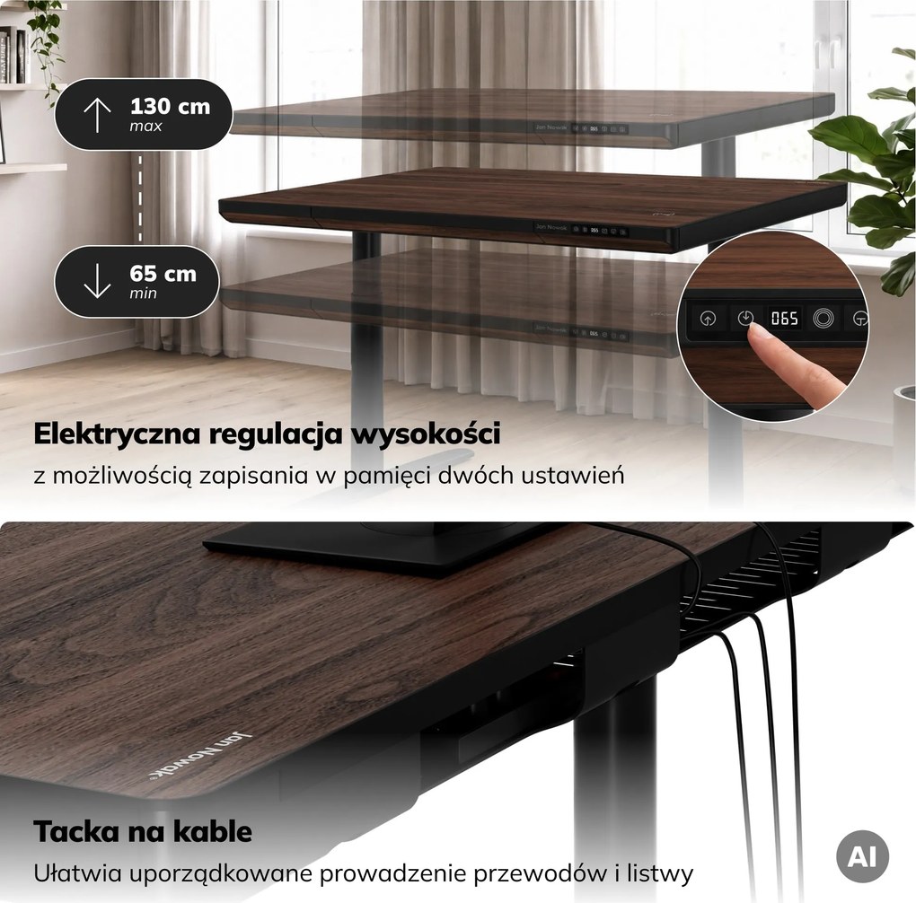 Biurko elektryczne sit-stand z szufladą i ładowarką bezprzewodową Qi czarne/orzech, 1200 mm: ELLIS