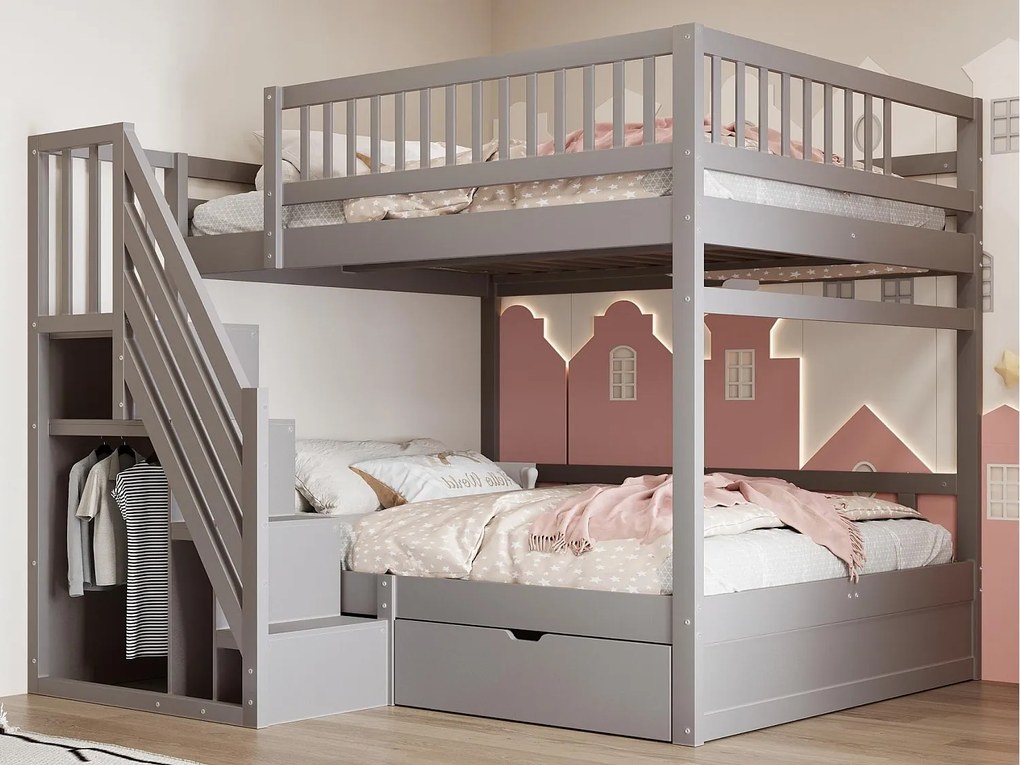 Łóżko piętrowe 140x200cm - z drabinką bezpieczeństwa - z 1 szufladą - z stelażem na listwach - szare (materac nie wliczony)