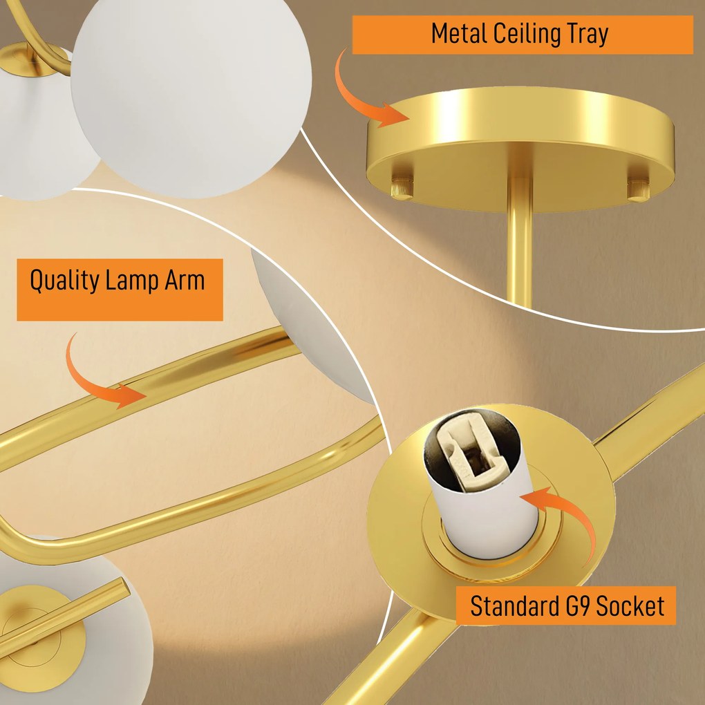 HOMCOM Lampa sufitowa 20 W z 5 gniazdami G9, elegancki złoto-biały wygląd, bez żarówek | Aosom PL