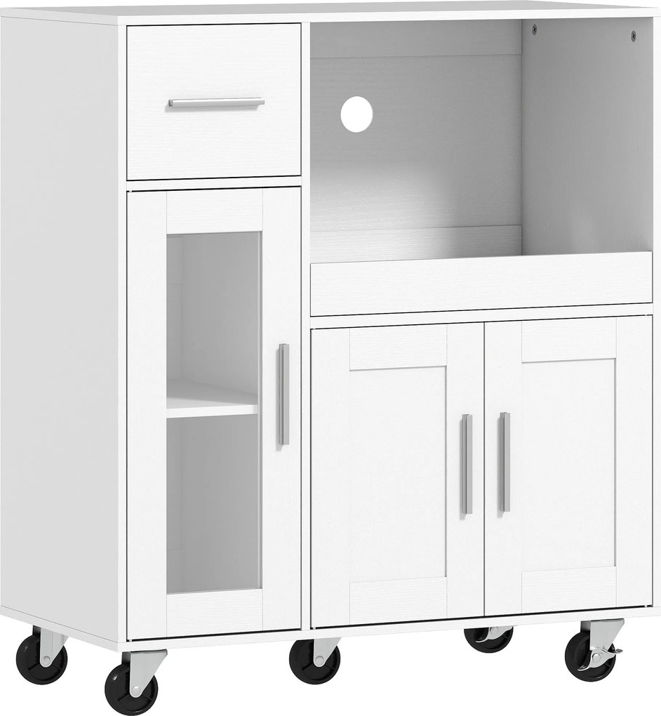 HOMCOM Szafka kuchenna na kółkach, mobilna komoda kuchenna z półkami, szufladami, regulowaną półką, otworem na kabel, biały