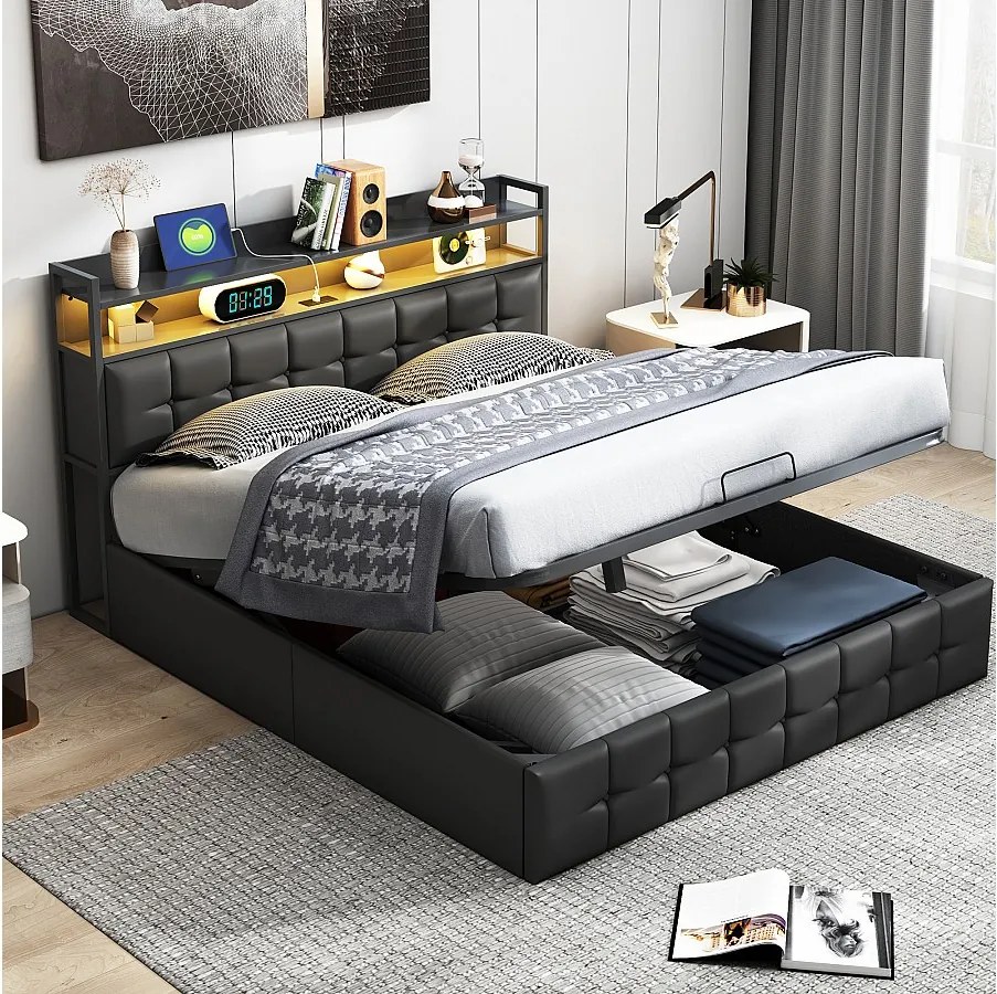 Łóżko tapicerowane ze schowkiem 160x200 cm w skórze - z diodą LED i portem ładowania - czarne