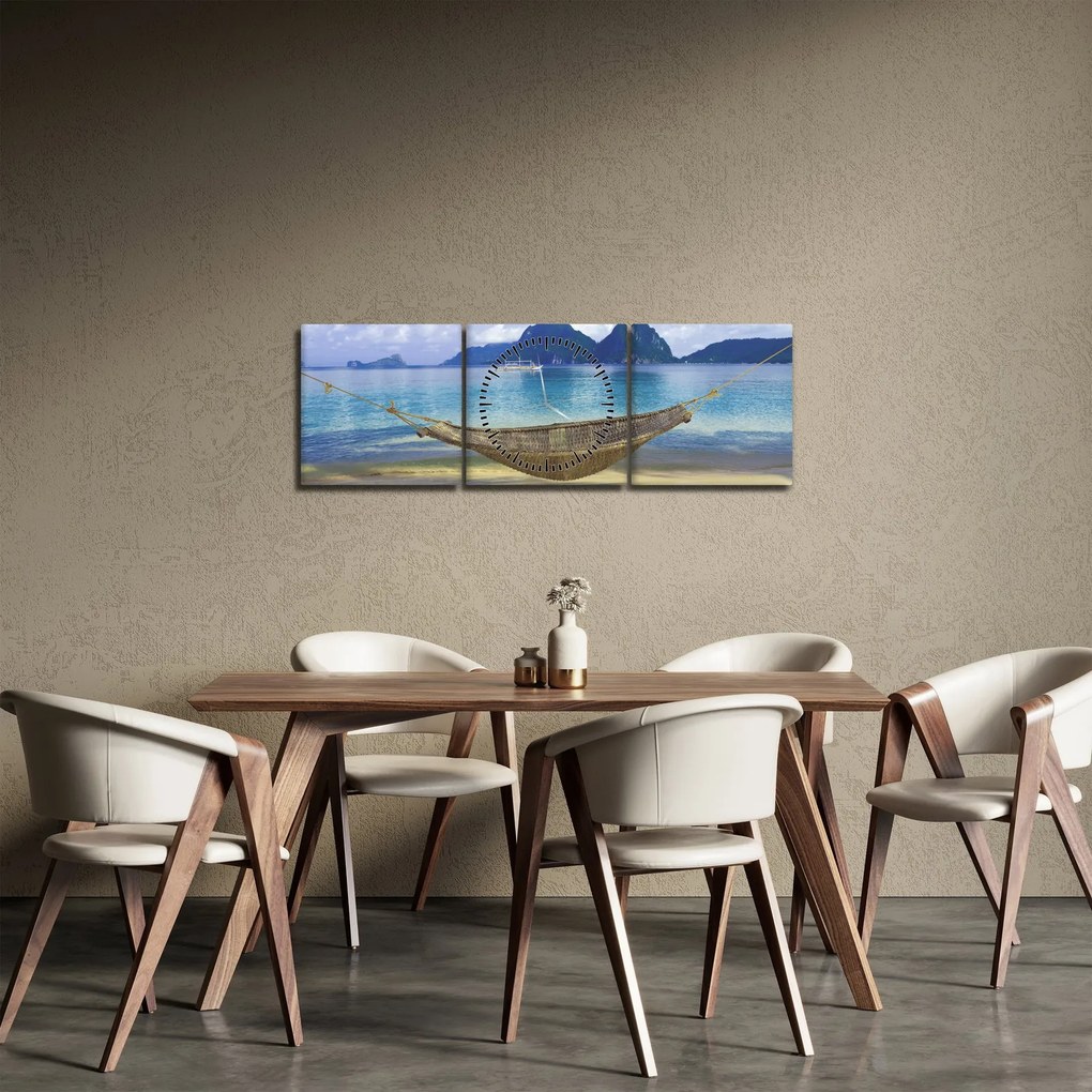 Obraz - Obraz hamaka na plaży 2 (z zegarem) (90x30 cm)