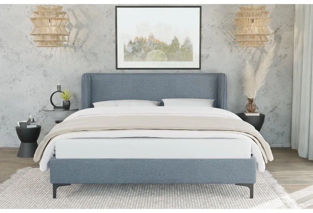 Niebieskie tapicerowane łóżko dwuosobowe ze stelażem 140x200 cm Basti – Ropez