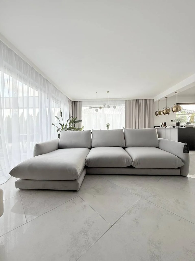 REZERWACJA Narożnik, Sofa narożna CXL by Christian Lacroix z aksamitu popiel light grey popiel Naima 316 cm, lewa