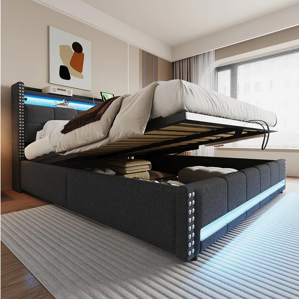 Podwójne tapicerowane łóżko ze schowkiem - 180 x 200 cm - z diodami LED + USB + zagłówek ze schowkiem - len + metal + sklejka + MDF - szary