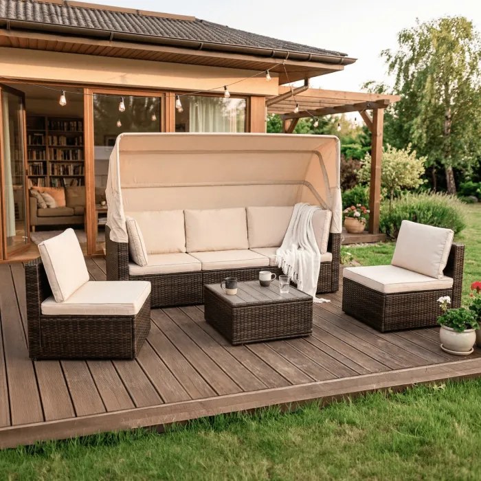 Zestaw Mebli Ogrodowych CALIENTE Modułowy Sofa 2x Fotel Stolik Tarasowy Brązowy/Beżowy Technorattan Nowoczesny