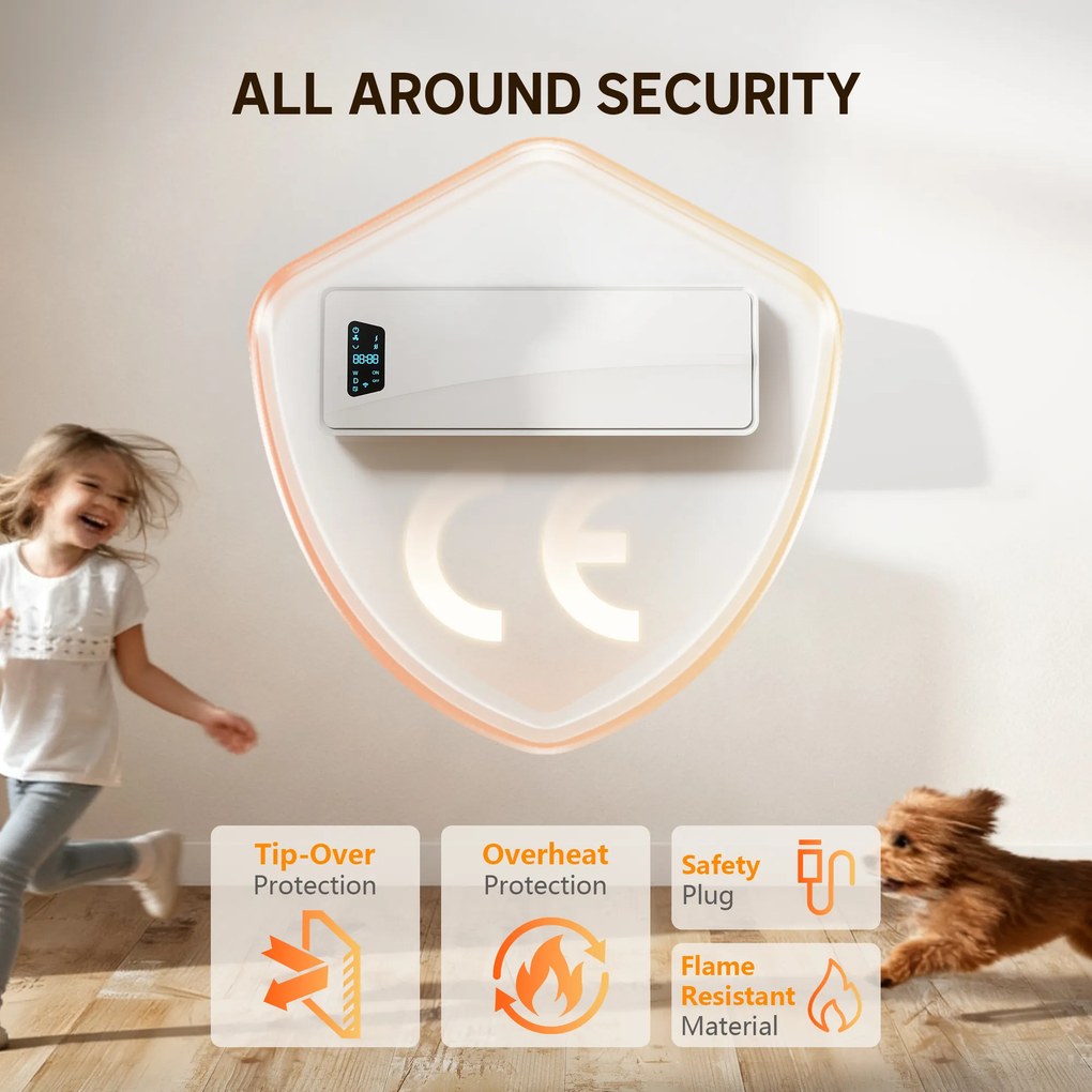 HOMCOM Oszczędny elektryczny grzejnik ścienny 2000W z 3 trybami, wyświetlaczem LED, termostatem, timerem i oscylacją, Biały | Aosom PL