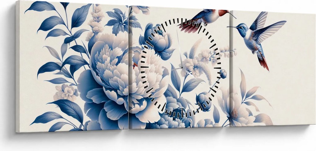 Obraz - Kolibry nad kwiatem (z zegarem) (90x30 cm)