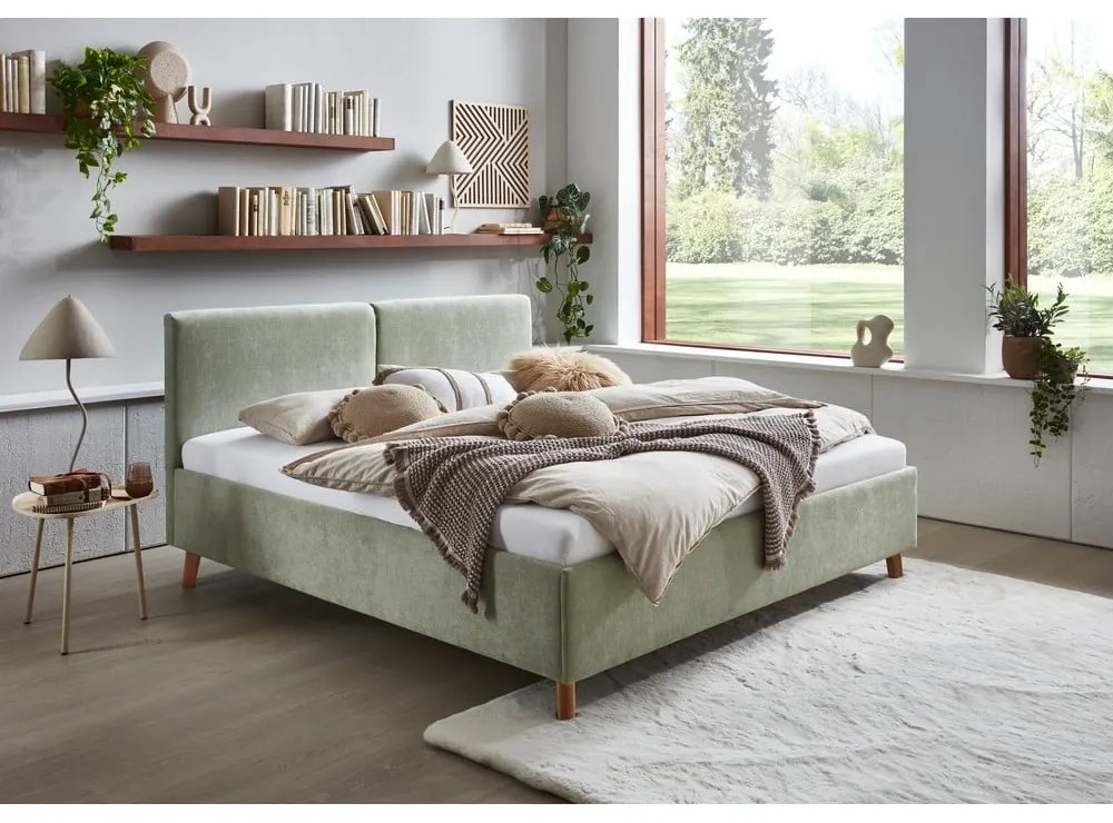 Jasnozielone tapicerowane łóżko dwuosobowe ze stelażem 160x200 cm Piano – Meise Möbel