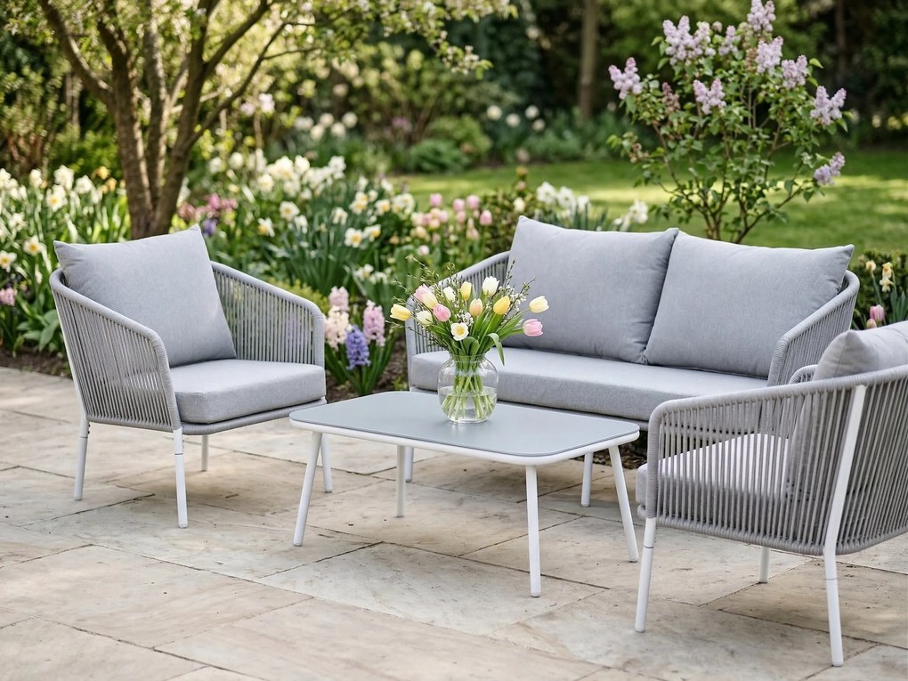 Zestaw mebli ogrodowych szary aluminium sofa fotele stolik sznurowanie
