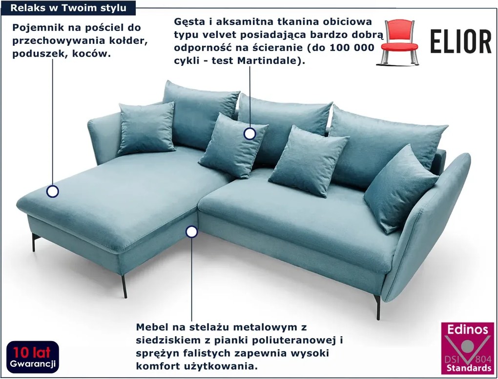 Błękitny welurowy narożnik z funkcją spania H9-C92