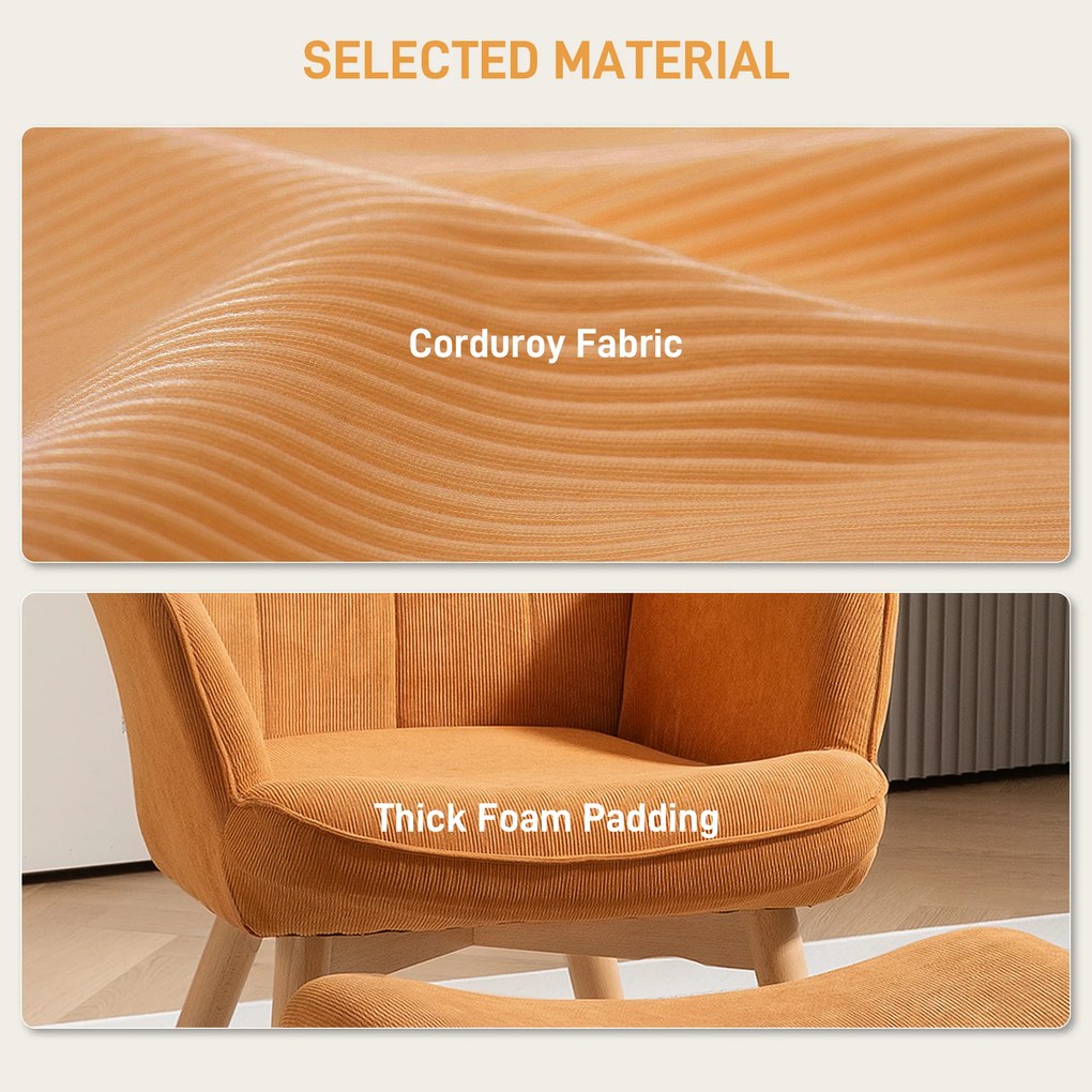 HOMCOM Akcentowy Fotel z Otomaną, Relaxsessel w Wyglądzie Sztruksu, Fotel z Podłokietnikami na Drewnianych Nogach, do Salonu, Brązowy