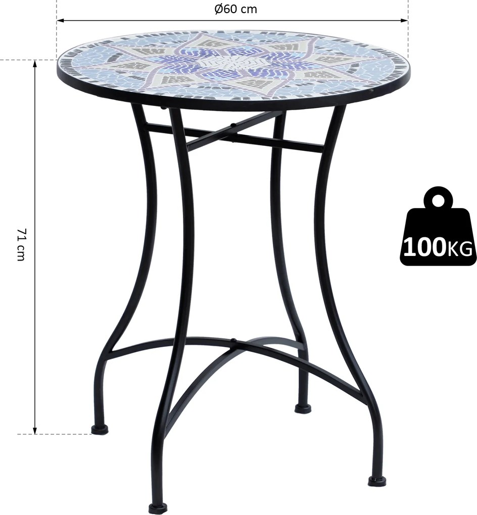 Outsunny Stół Ogrodowy Stolik z Mozaiką Balkonowy Okrągły Stal i Ceramika Niebieski Biały Ø60x71cm | Aosom PL