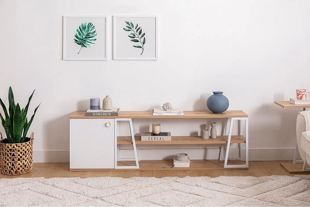 Stojak pod telewizor – 160 cm x 30 cm x 48,6 cm – Szafirowy i biały – Płyta wiórowa i metal