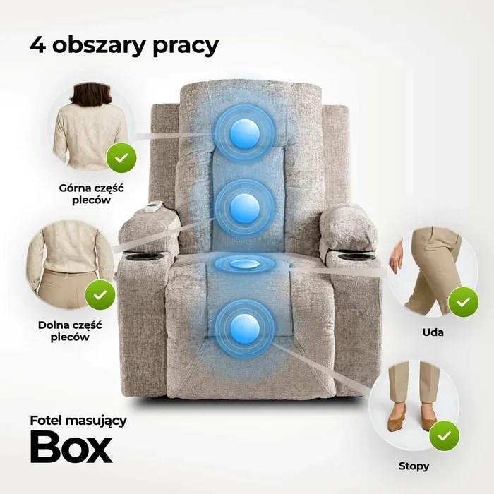 Fotel Masujący BOX Rozkładany Wypoczynkowy z Podnóżkiem Beżowy Welurowy Skandynawski