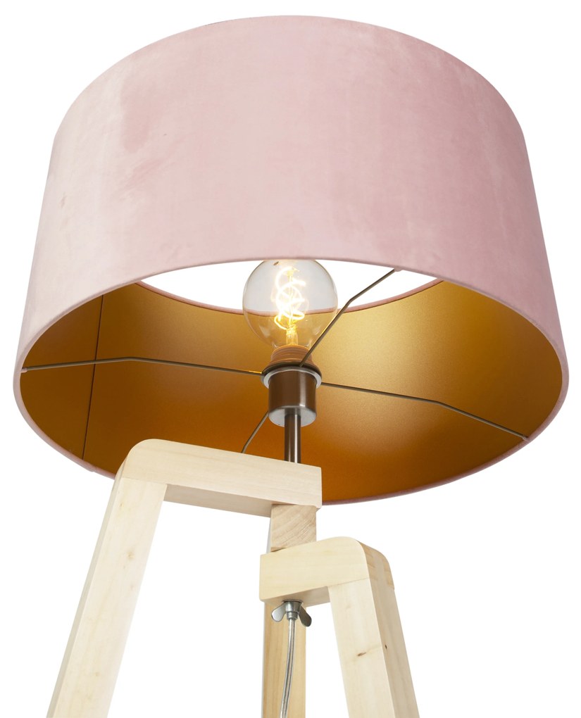 Lampa podłogowa stojakowa drewniana z różowym aksamitnym abażurem 50 cm - Puros Nowoczesny Oswietlenie wewnetrzne