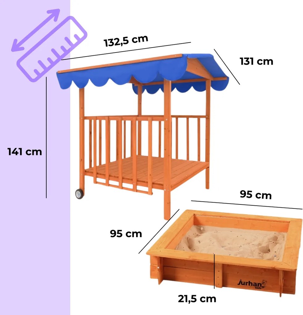 Piaskownica z werandą HAPPY, 130x130x143cm, brązowa/niebieska Jurhan
