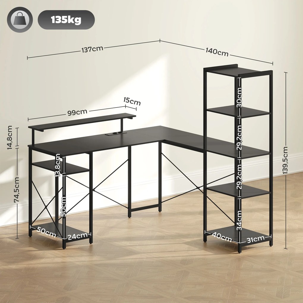 HOMCOM Biurko narożne L-kształtne z ładowarką, komputer stół narożny z podstawką pod monitor i półkami, do domowego biura, czarne