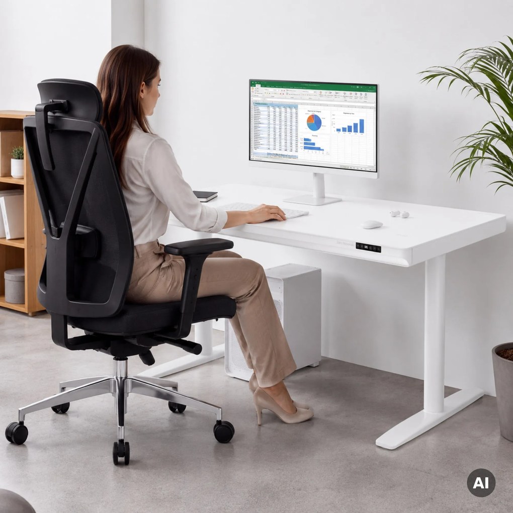 Biurko elektryczne sit-stand z szufladą i ładowarką bezprzewodową Qi białe, 1400 mm: ELLIS