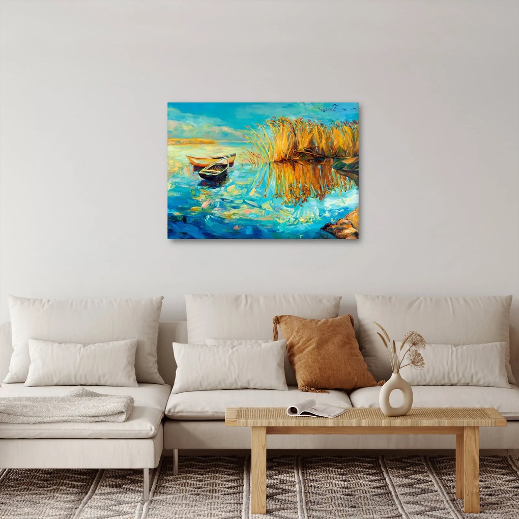 Obraz - Jezioro z łodziami (70x50 cm)