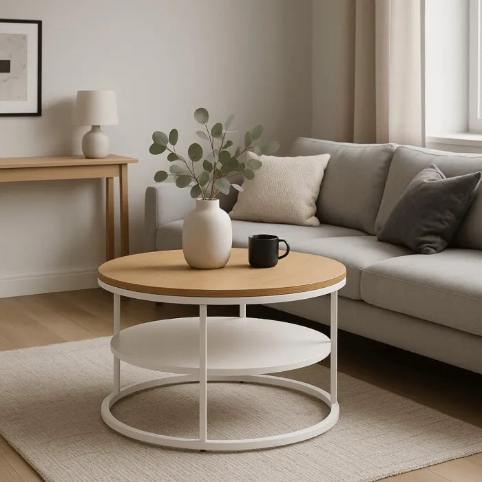 Stolik Kawowy z Półką BEST 70 cm Dąb/Biały Skandynawski