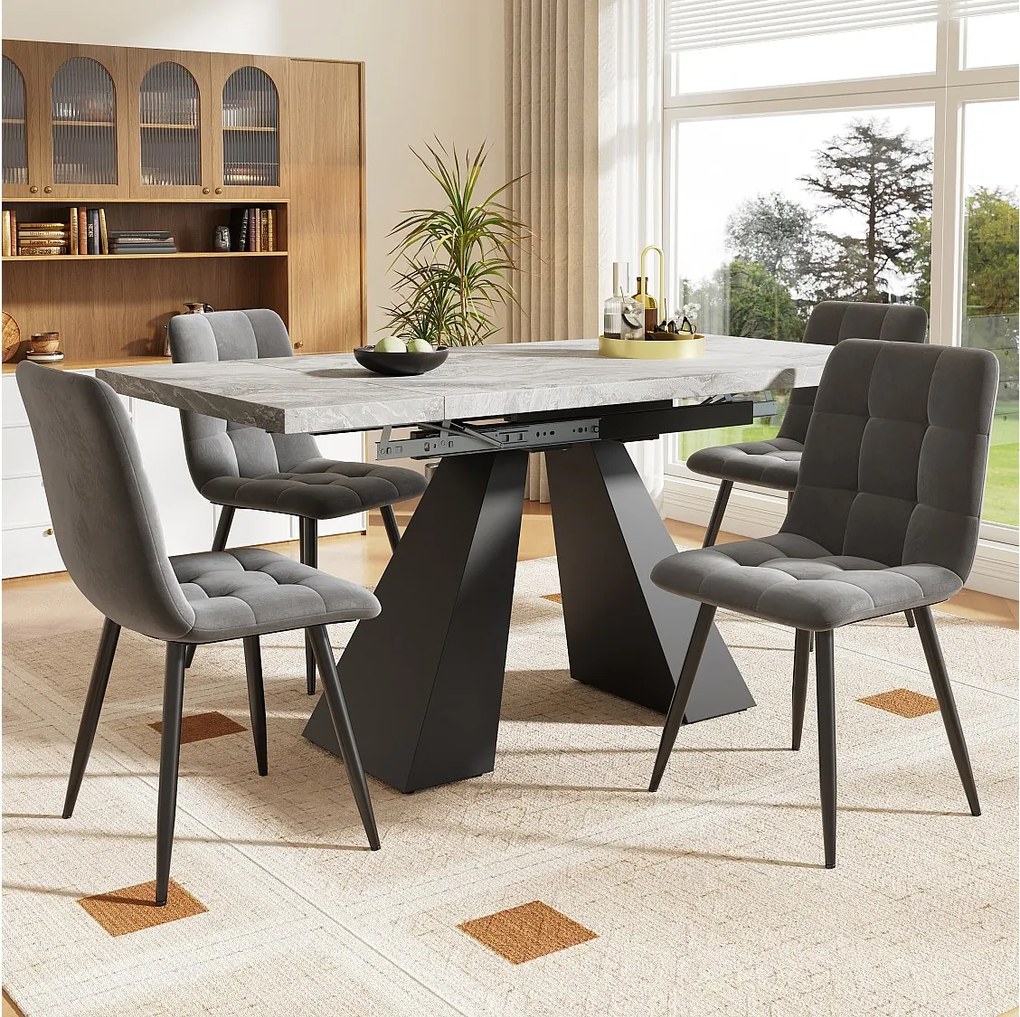 Zestaw obiadowy składający się z pięciu elementów - 1 rozkładany stół + 4 krzesła z aksamitu - 159 x 74 x 77 cm - płyta MDF + metal - szary