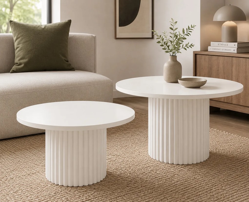 Zestaw okrągłych stolików Pico 2w1 - 75 i 58 cm, blat biały / podstawa biała