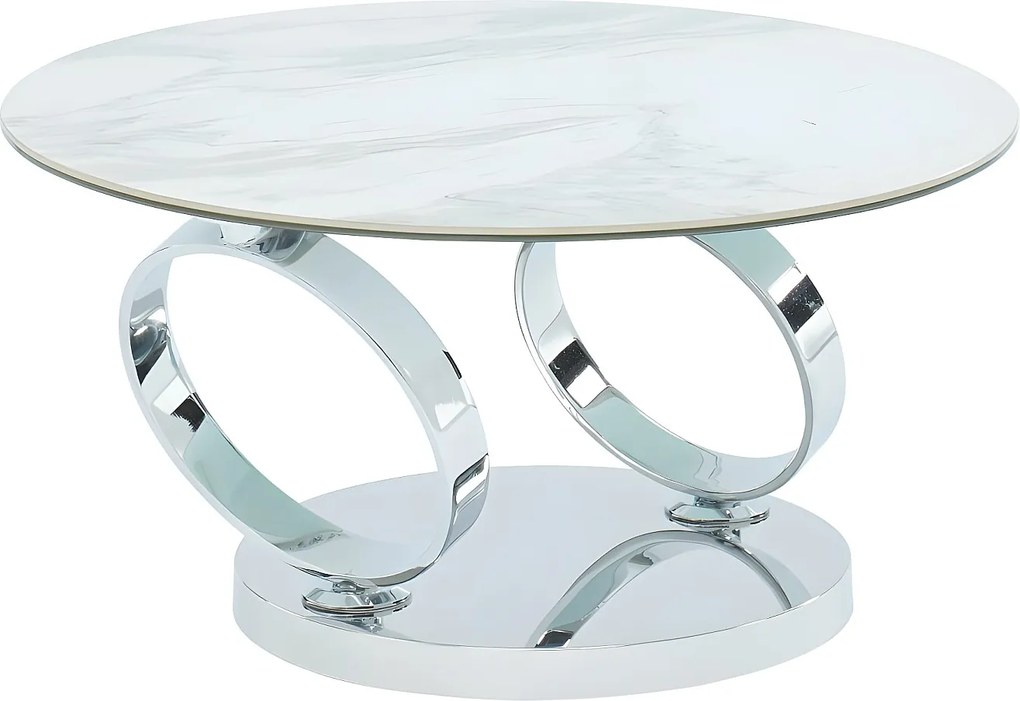 Stolik kawowy z obrotowymi blatami JOLINE - Hartowane szkło i ceramika - Efekt marmuru - Kolor biały