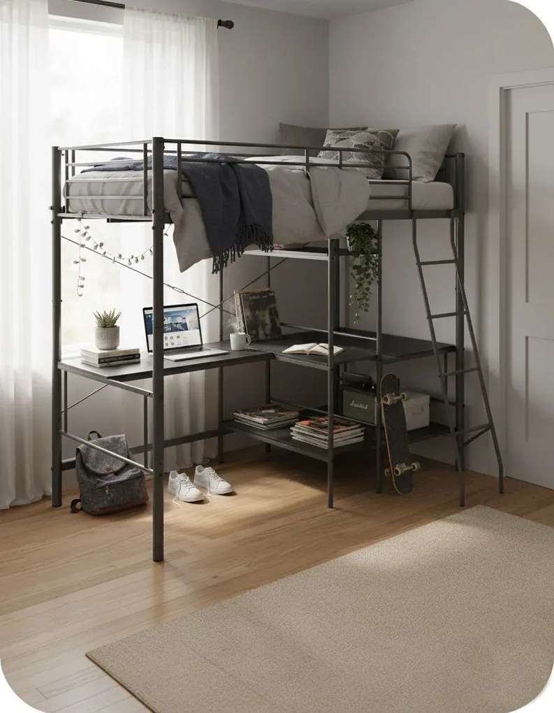 Czarne metalowe łóżko z regałem 90x200 cm H4-K63