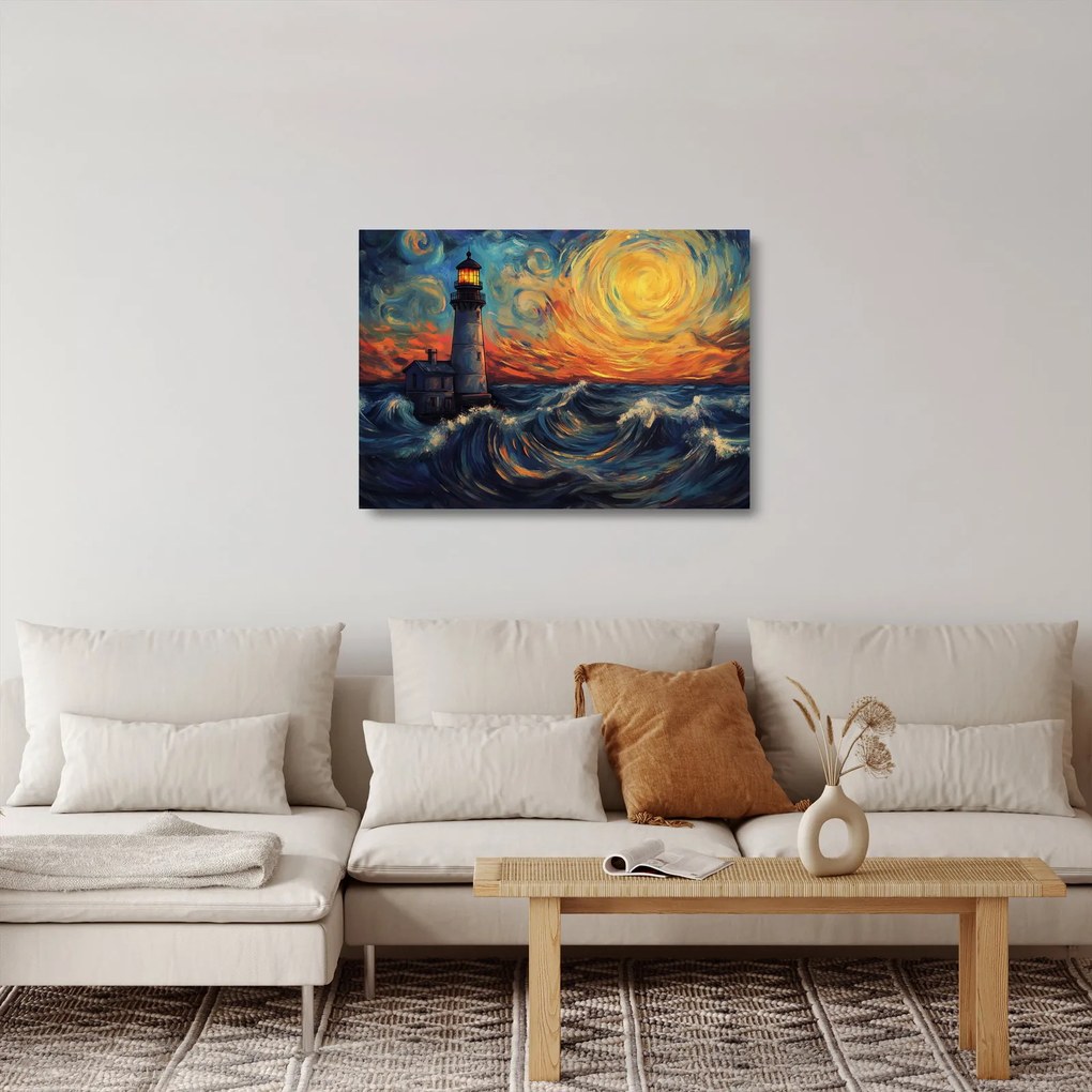 Obraz na szkle - Latarnia morska w falach (70x50 cm)