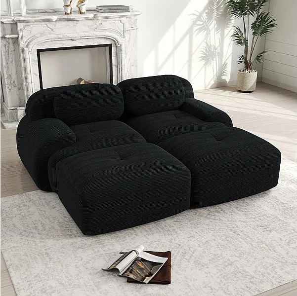 Modułowa sofa welur prążkowany - 2-osobowa - z 2 poduszkami i 2 pufami - spód antypoślizgowy - 208x178x70cm - Czarny