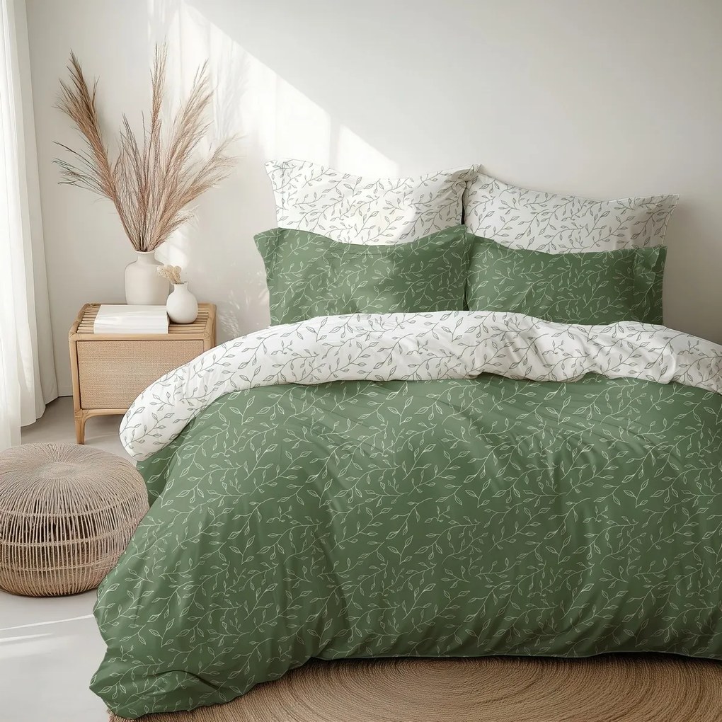 Stanex Bawełniana pościel Zielone listki, 140 x220 cm, 70 x 90 cm, 140 x 220 cm, 70 x 90 cm