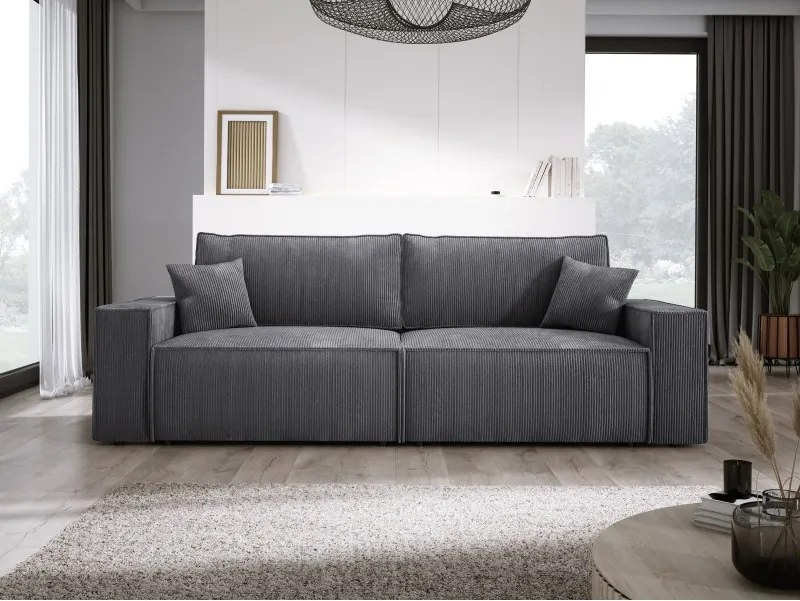 Kanapa KASJO Prawostronny Sofo-Narożnik z funkcją spania i poduszkami, 2x pojemnik POSO 060 Szary DOMOHOME