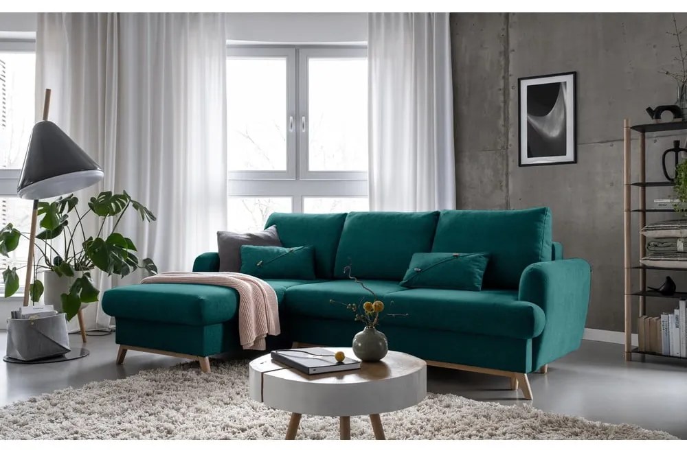 Turkusowy rozkładany/ze schowkiem narożnik (lewostronny/z szezlongiem) Scandic Lagom – Miuform