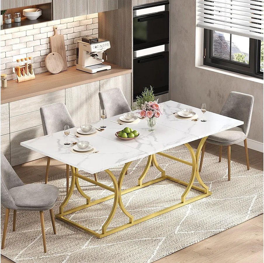 Stół jadalny dla 8-10 osób - 200 x 80 x 76 cm - wygląd marmuru - nogi metalowe w kolorze złotym - płyta MDF - biały + złoty