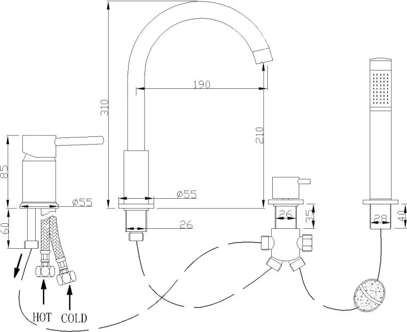 Mexen Alma bateria wannowa, czarna - 75032-70
