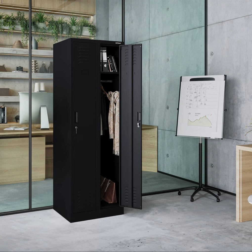 Szafka pracownicza metalowa dwukomorowa czarna: KACPER II, 600 x 1800 x 500 mm