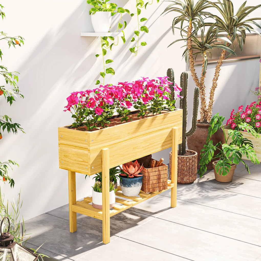 Outsunny Kwietnik z Dolną Półką, Drewniane Grządka z Wyściółką z Włókniny i Otworami Drenażowymi, 100 x 30 x 70,5 cm, Drewno Naturalne