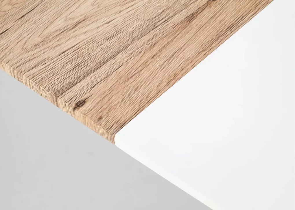 Nowoczesny stół Calipso półokrągły rozkładany 160-200 cm z białym blatem MDF i nogami ze stali w kolorze dąb san remo