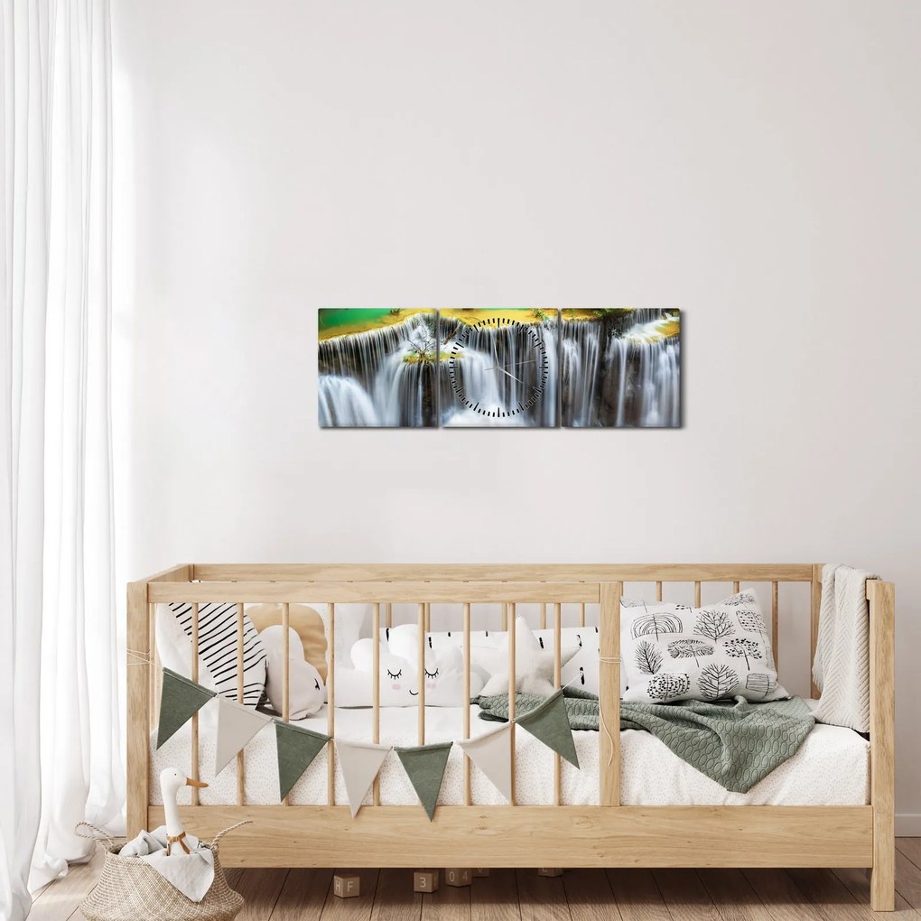 Obraz - Widok magicznych wodospadów (z zegarem) (90x30 cm)