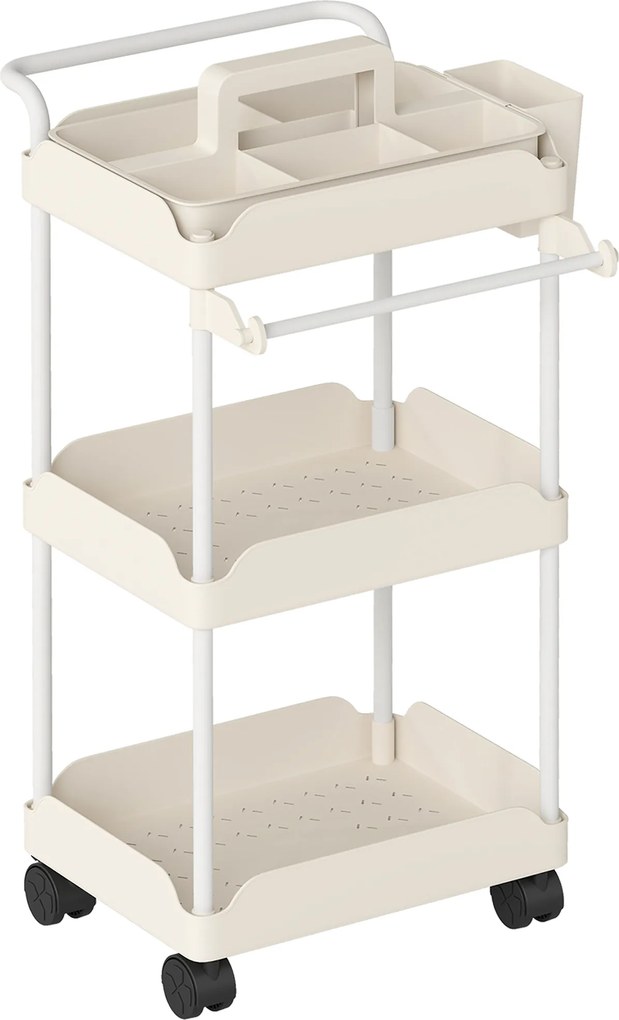 HOMCOM Wózek do przechowywania, 3 kosze, uchwyt na ręcznik, kółka, uchwyt, metalowa rama, Biały