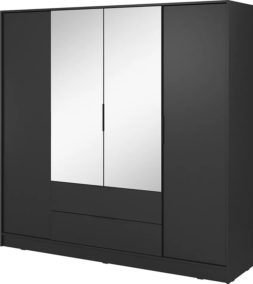 Szafa z lustrem 200 cm Kalma 4DL - szafa z drzwiami otwieranymi, 2 szuflady, drążek - czarny