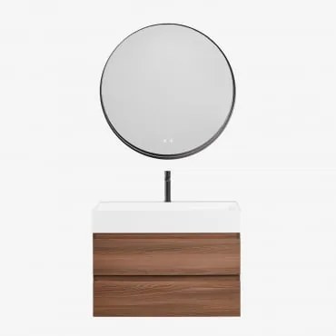 Zestaw Wiszących Mebli Łazienkowych Z Drewna I Forniru Jesionowego Zintegrowany Z Umywalką Ona Ciemna Czerń - Sklum