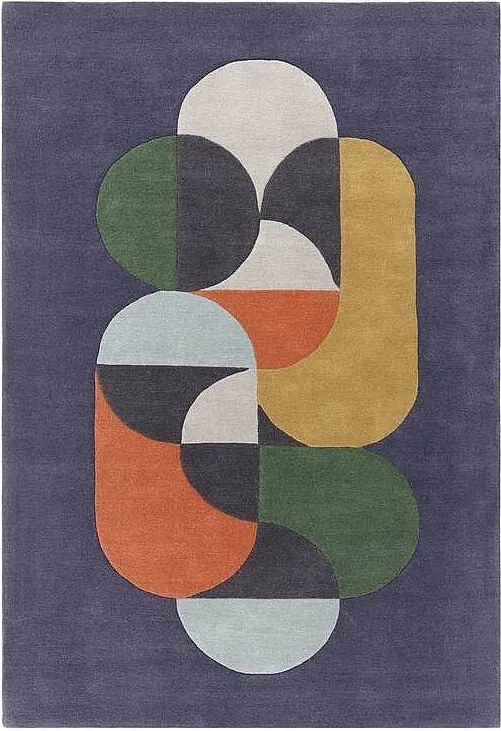 Dywan geometryczny, ręcznie robiony, 100% wełna - 160x230cm - niebieski, zielony, kremowy, pomarańczowy, złoty - Matrix Statement