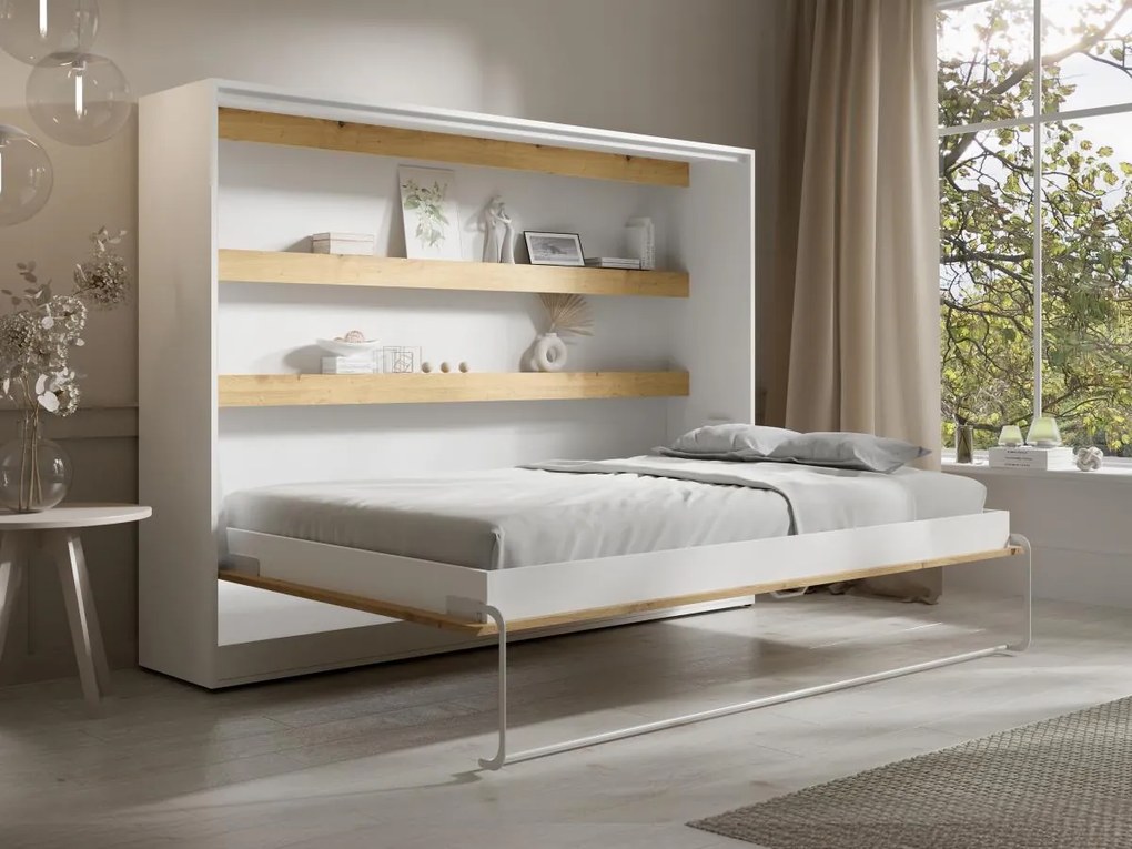 Łóżko chowane w szafie 140 × 200 cm – Otwieranie poziome manualne – Oświetlenie LED – Białe i naturalne + Materac – RAPILI