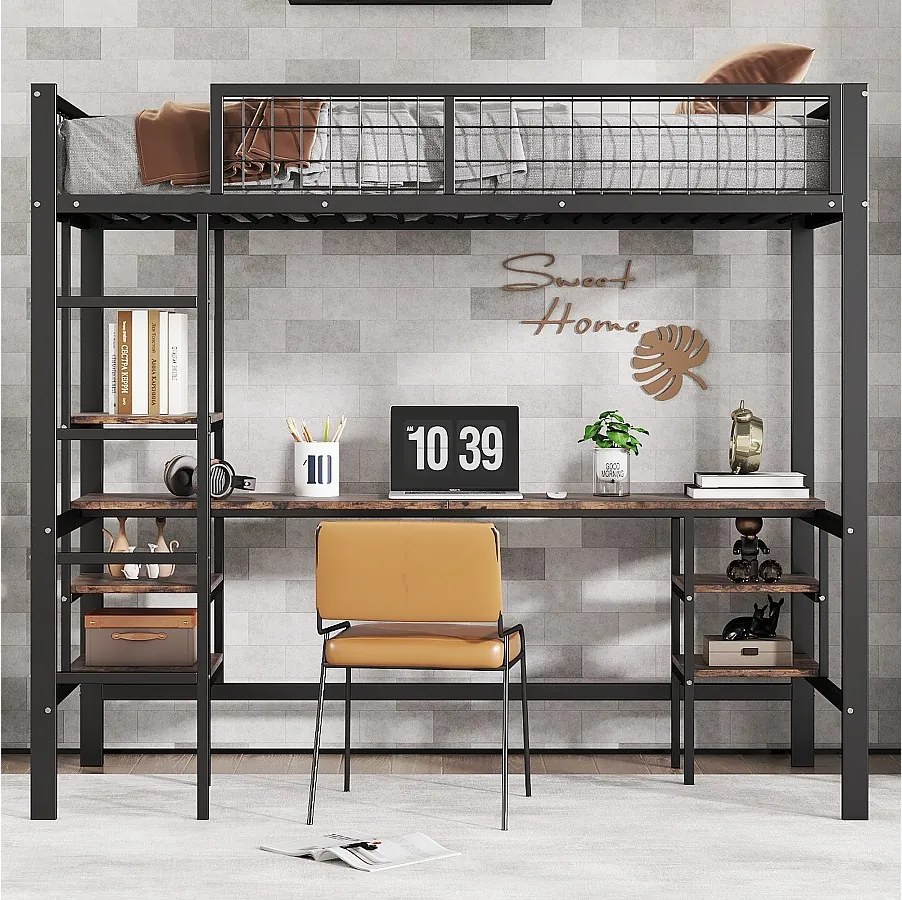Łóżko piętrowe 90 x 200 cm z biurkiem i półkami do przechowywania - Żelazo + płyta wiórowa - dla dzieci - Czarno-brązowe