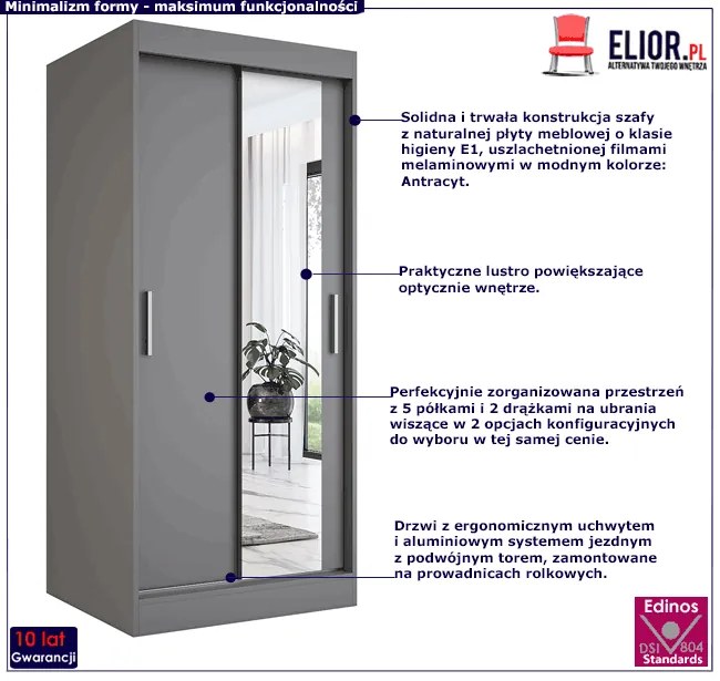 Antracytowa szafa przesuwna z lustrem F4-G60